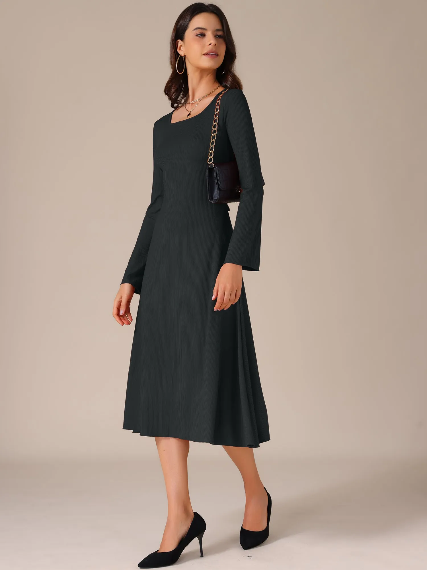 Square Neck Bell Long Sleeve Lace Up A-Line Dress sold by Allegra K product image thumbnail 3