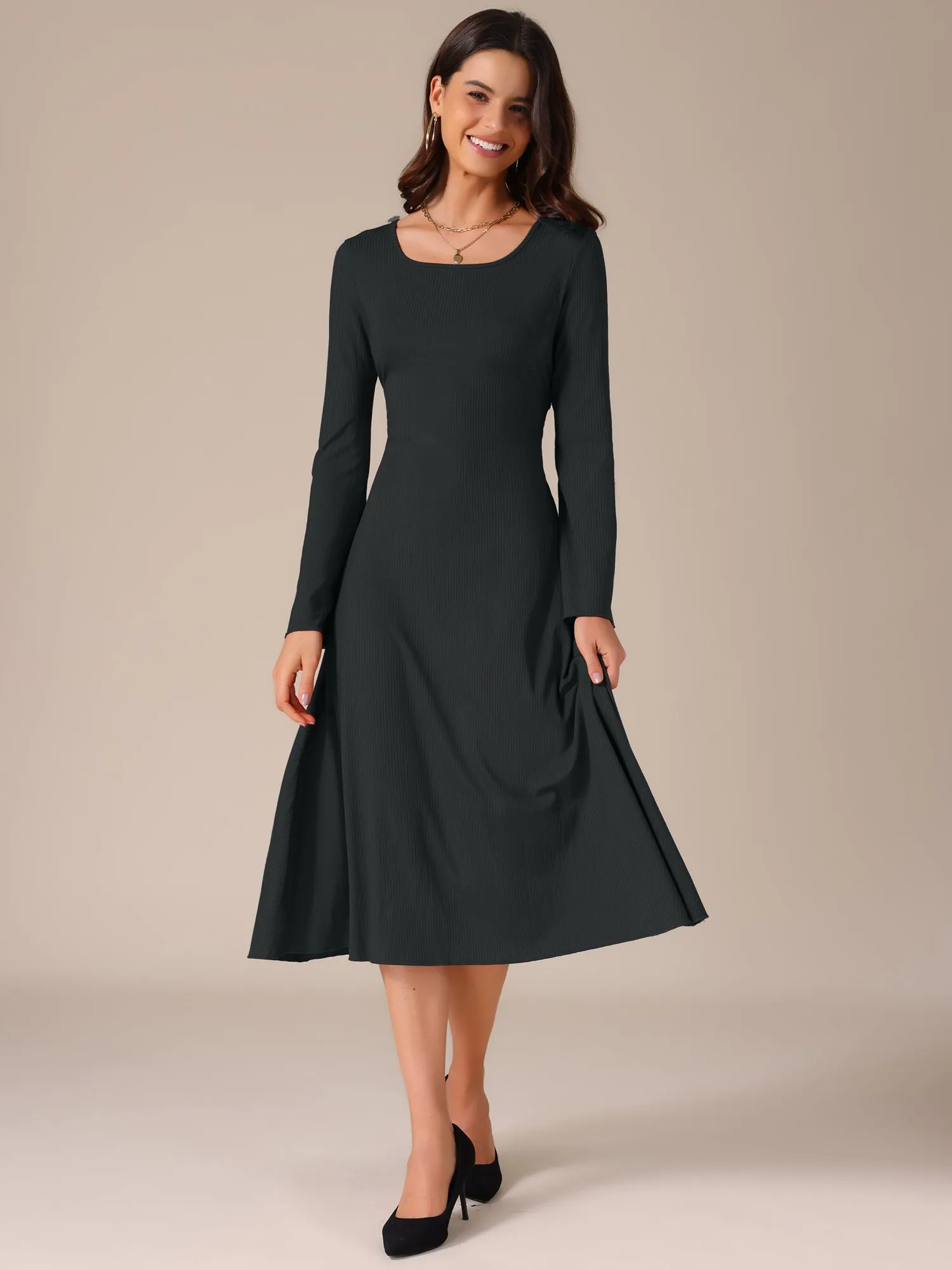 Square Neck Bell Long Sleeve Lace Up A-Line Dress sold by Allegra K