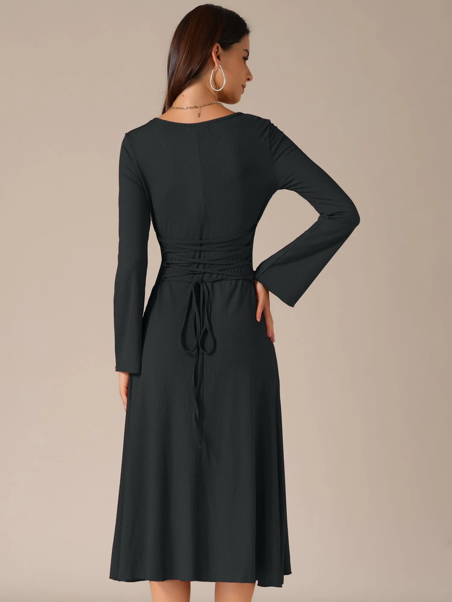 Square Neck Bell Long Sleeve Lace Up A-Line Dress sold by Allegra K product image thumbnail 2