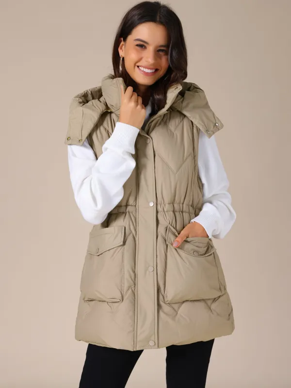 Hooded Zip Up Mid Long Sleeveless Puffer Padded Vest sold by Allegra K