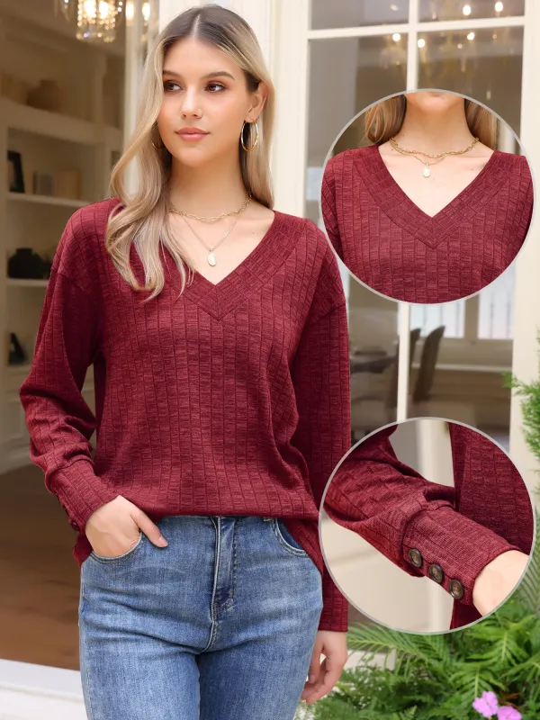 Long Sleeve V Neck Casual Lightweight Tops sold by Allegra K