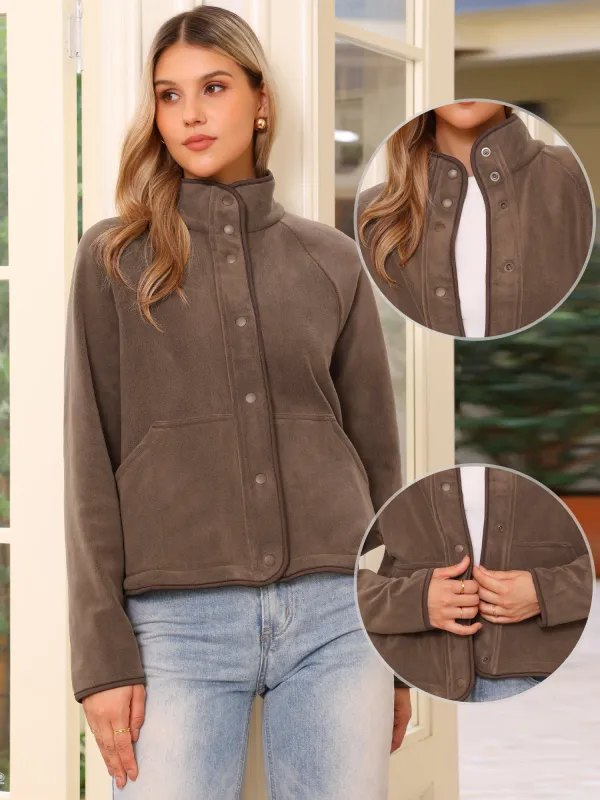 Casual Long Sleeve Button Down Pockets Fleece Jacket sold by Allegra K