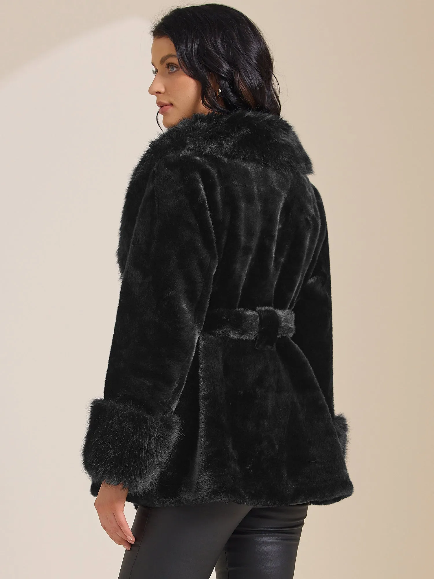 Faux Fur Lapel Winter Fluffy Belted Long Sleeves Jacket sold by Allegra K product image thumbnail 3