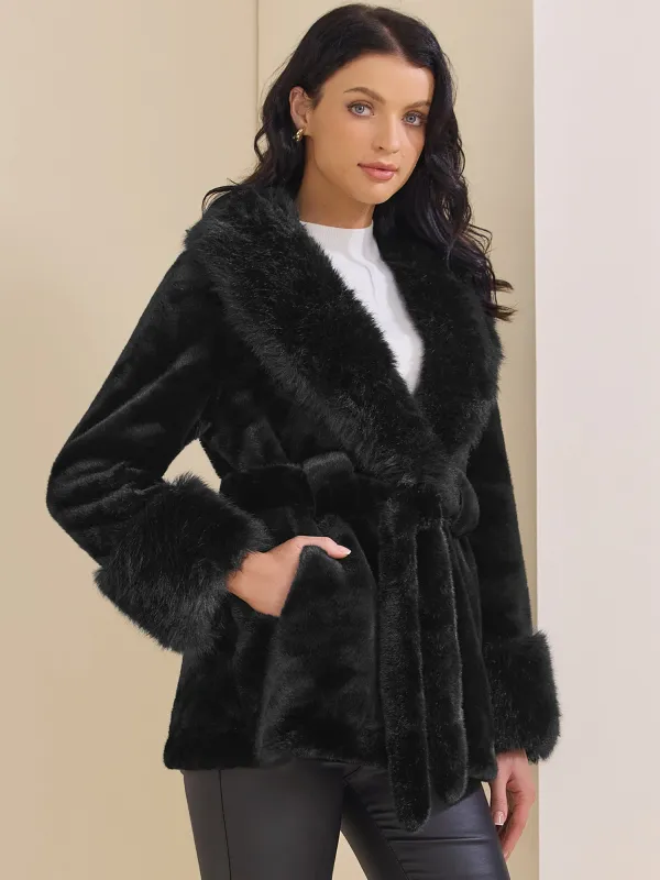 Faux Fur Lapel Winter Fluffy Belted Long Sleeves Jacket sold by Allegra K