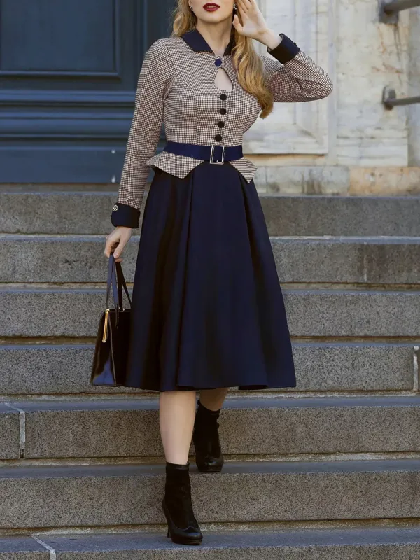 Contrast Color Keyhole Houndstooth Long Sleeve Retro Swing Dress sold by Allegra K