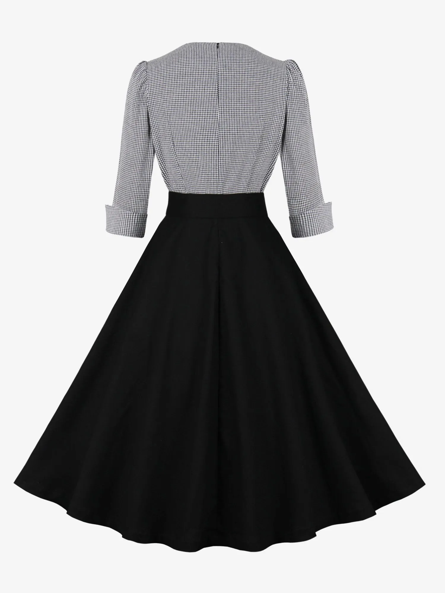 Vintage 3/4 Puff Sleeves Collared Gingham Patchwork Belted A-Line Midi Dress sold by Allegra K product image thumbnail 4