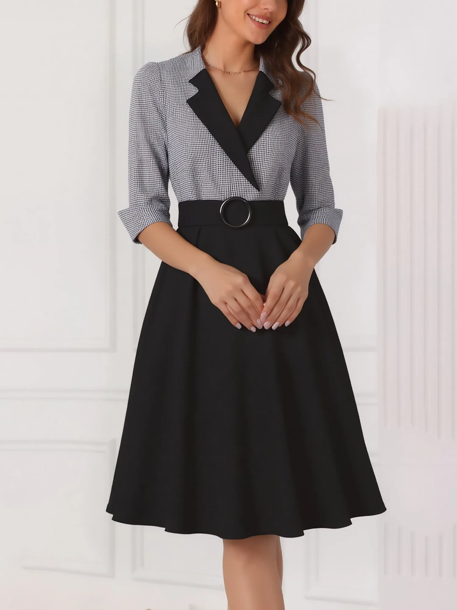 Vintage 3/4 Puff Sleeves Collared Gingham Patchwork Belted A-Line Midi Dress sold by Allegra K product image thumbnail 2