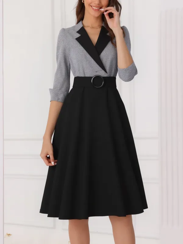 Vintage 3/4 Puff Sleeves Collared Gingham Patchwork Belted A-Line Midi Dress sold by Allegra K