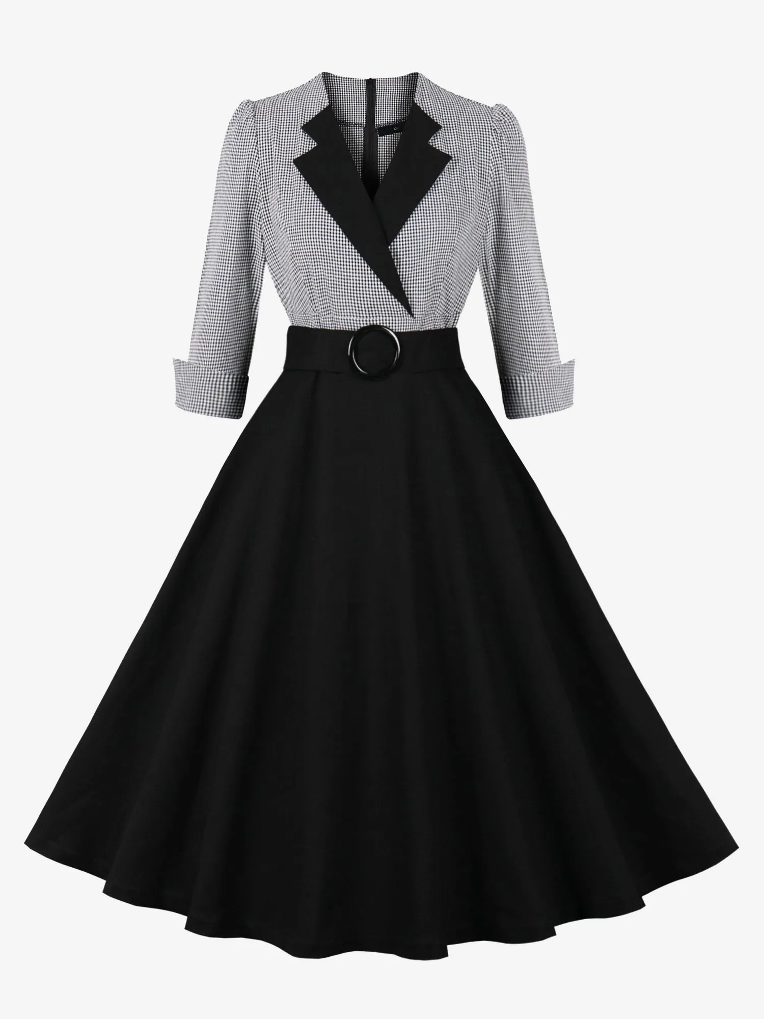 Vintage 3/4 Puff Sleeves Collared Gingham Patchwork Belted A-Line Midi Dress sold by Allegra K product image thumbnail 3