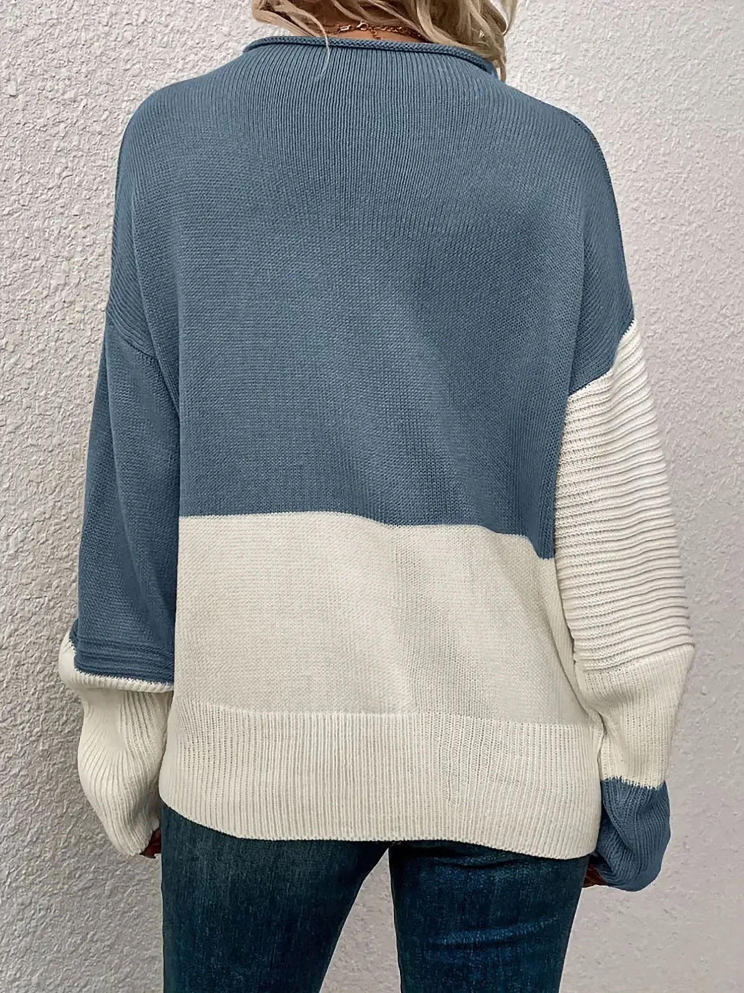 Crew Neck Colorblock Drop Shoulder Long Sleeves Sweater sold by Allegra K product image thumbnail 2