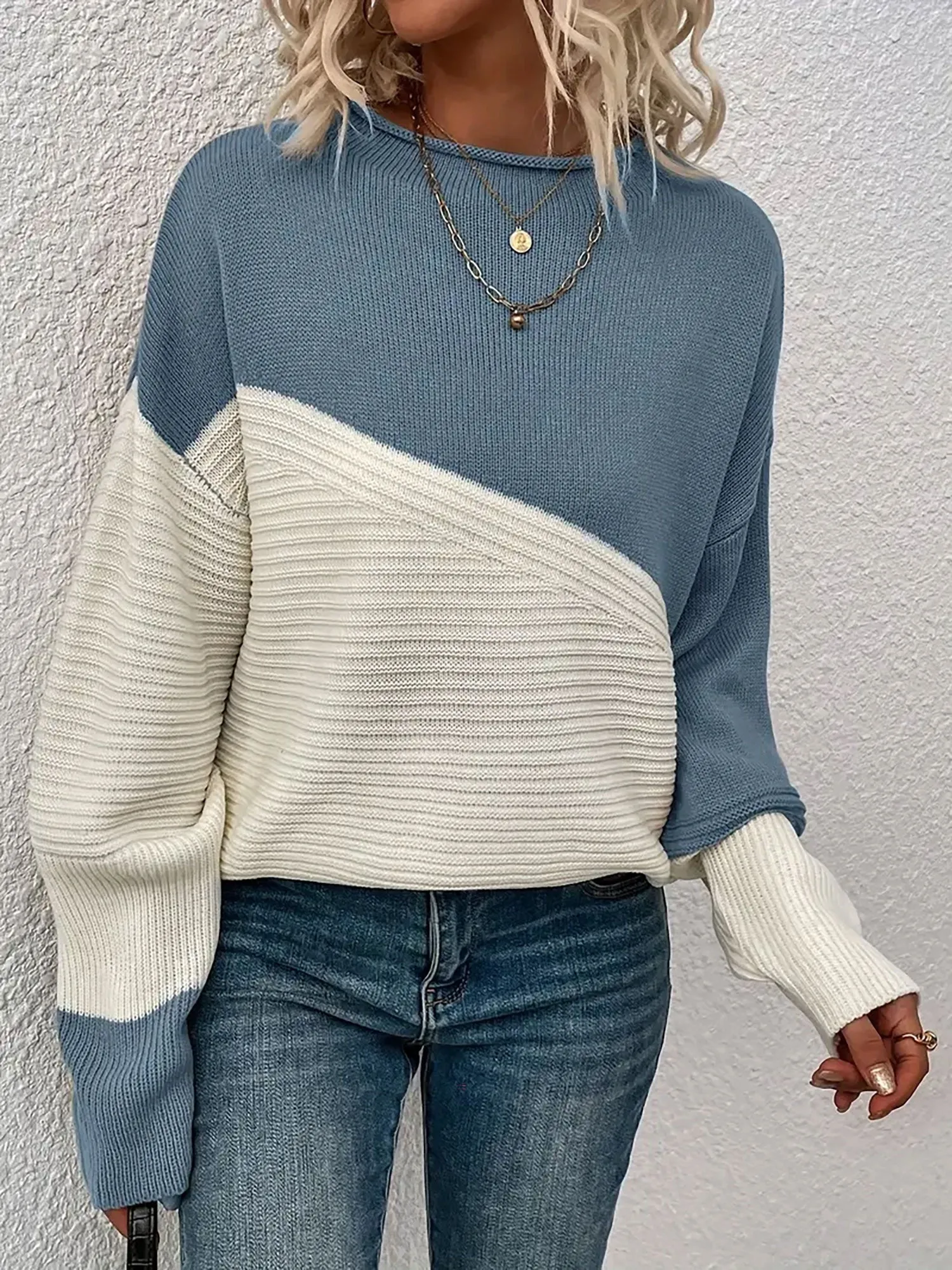 Crew Neck Colorblock Drop Shoulder Long Sleeves Sweater sold by Allegra K product image thumbnail 3