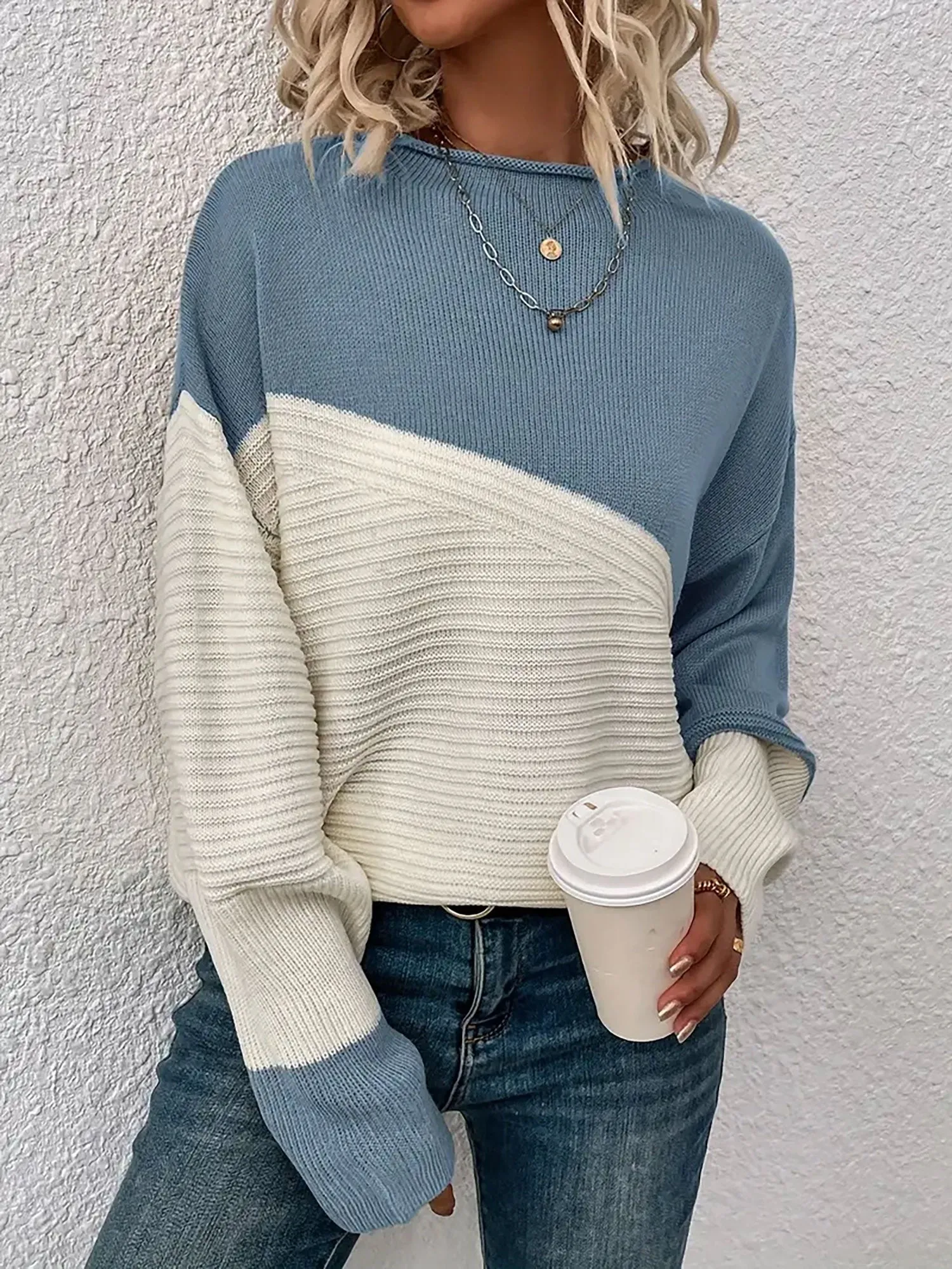 Crew Neck Colorblock Drop Shoulder Long Sleeves Sweater sold by Allegra K