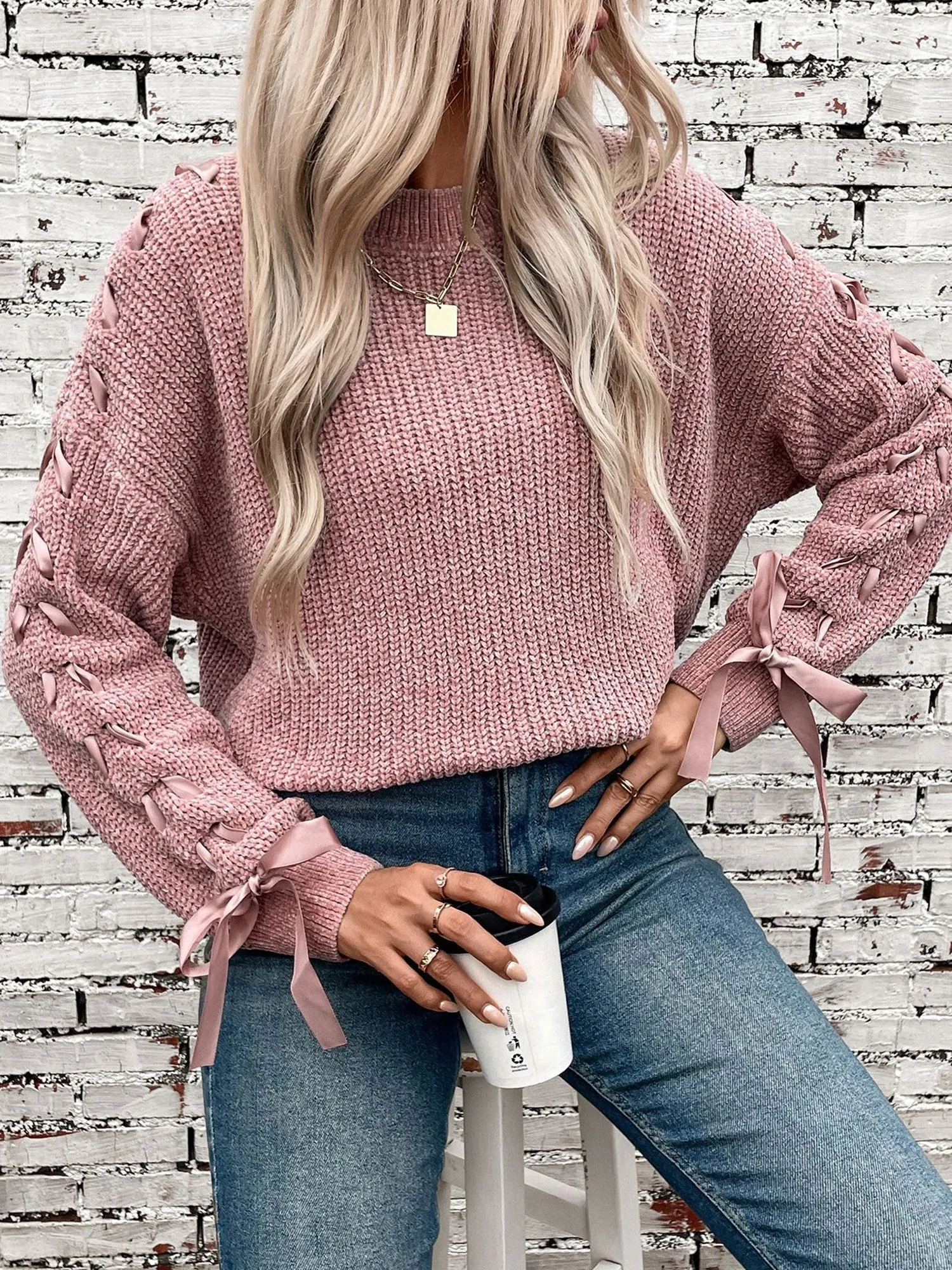 Crew Neck Lace-Up Bow Long Sleeves Sweater sold by Allegra K product image thumbnail 4