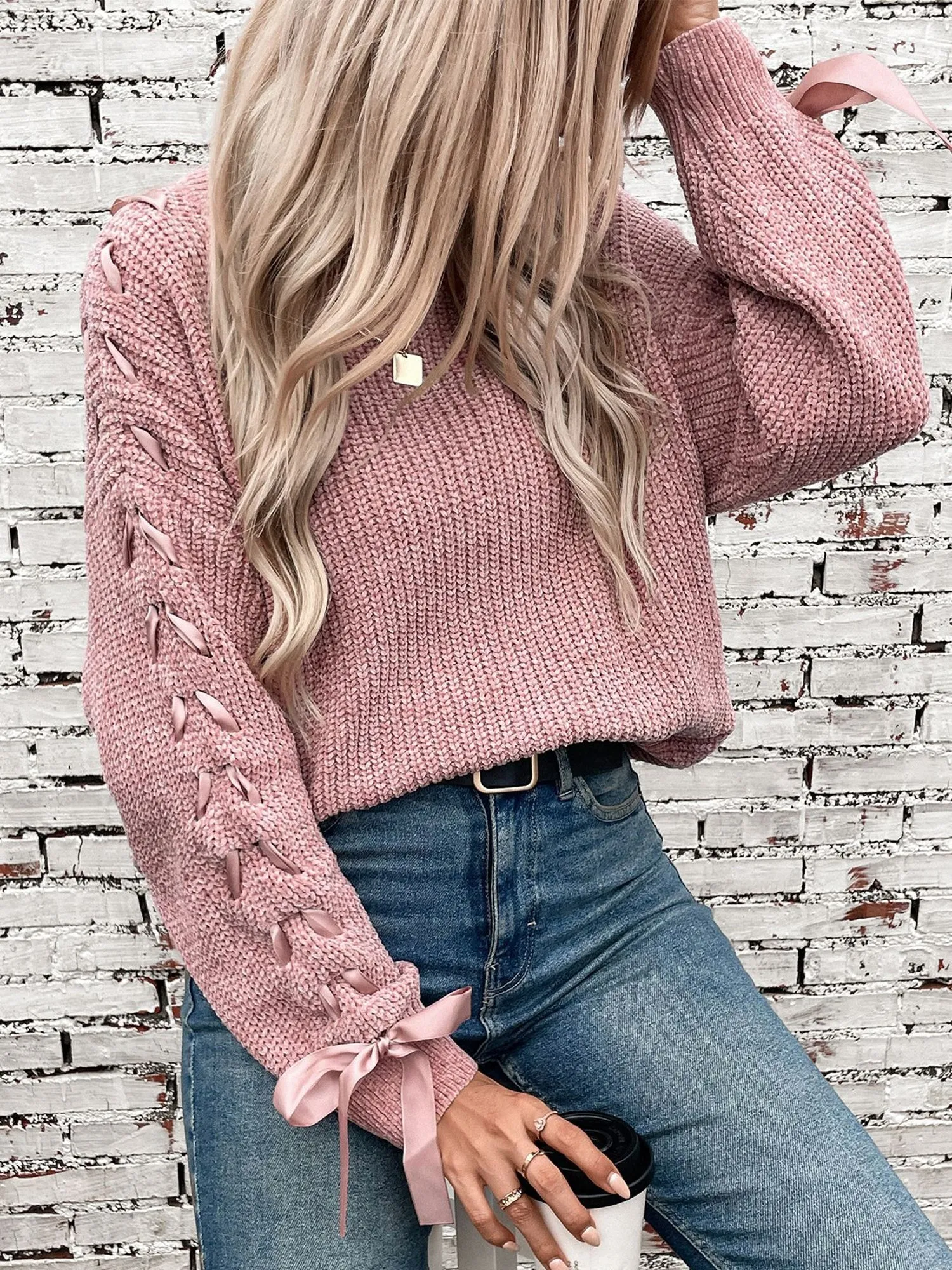 Crew Neck Lace-Up Bow Long Sleeves Sweater sold by Allegra K product image thumbnail 5
