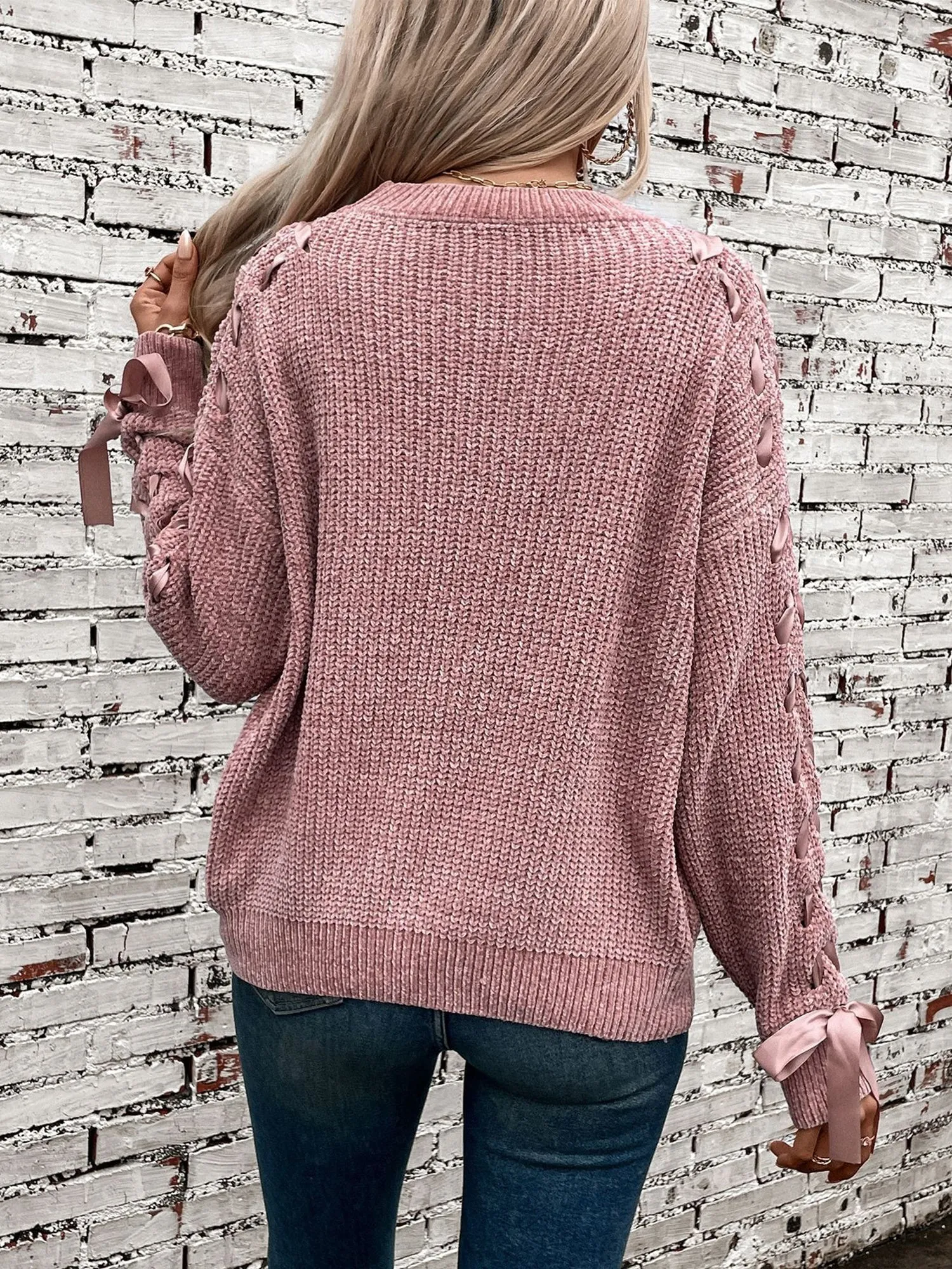Crew Neck Lace-Up Bow Long Sleeves Sweater sold by Allegra K product image thumbnail 2