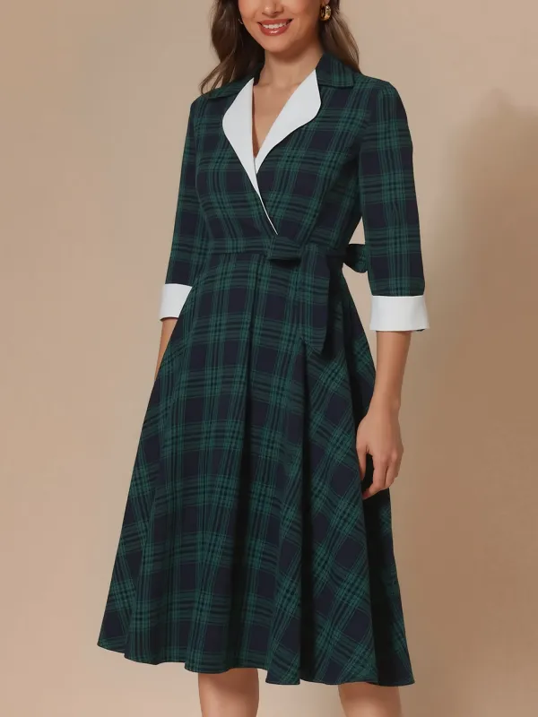 Plaid 3/4 Sleeves Lace-Up Midi A-Line Dress sold by Allegra K