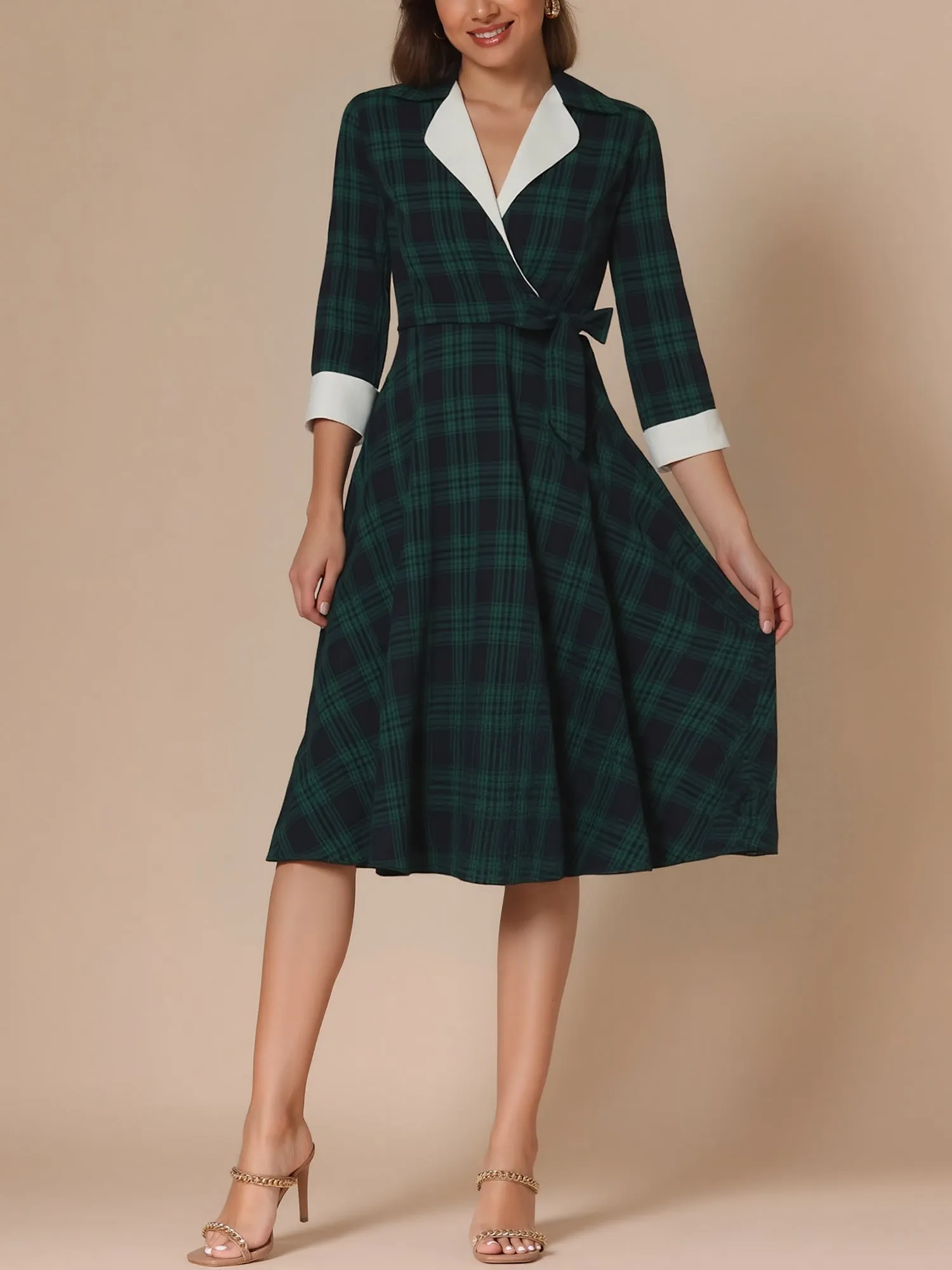 Plaid 3/4 Sleeves Lace-Up Midi A-Line Dress sold by Allegra K product image thumbnail 2