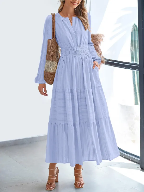 Notch Neck Puff Long Sleeves Pockets Tiered A-Line Maxi Dress sold by Allegra K