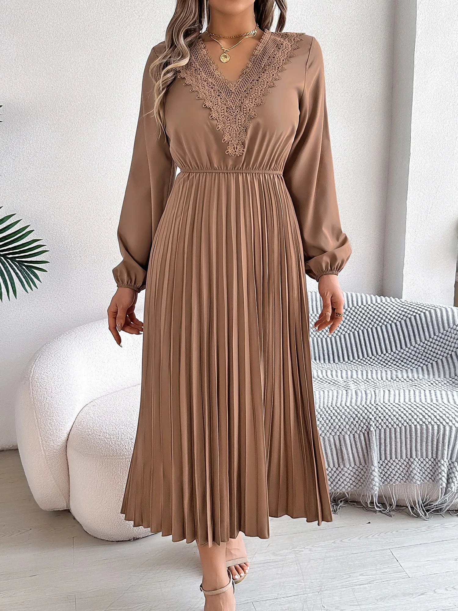 Lace V Neck Puff Long Sleeves Pleated A-Line Dress sold by Allegra K