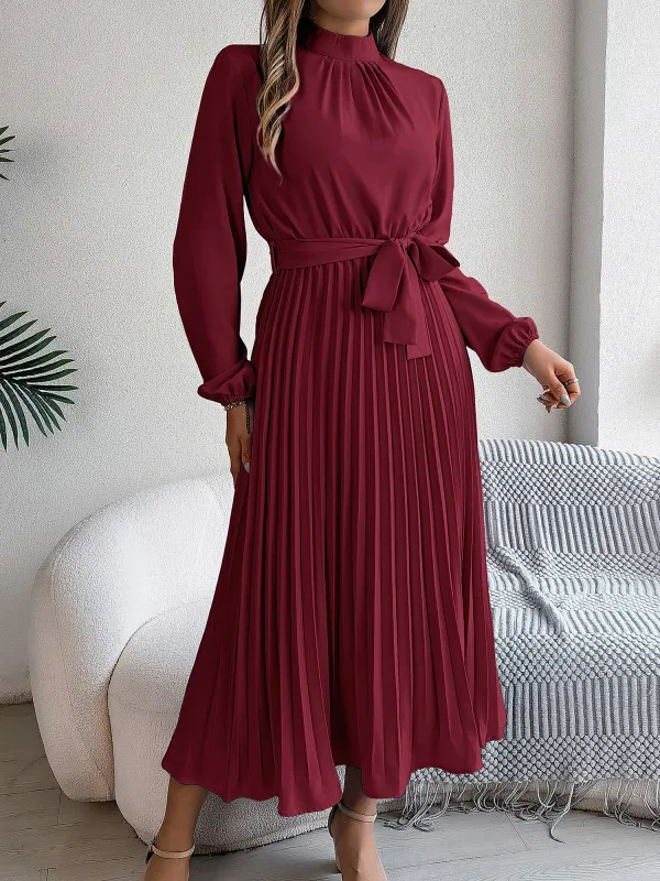 Ruched Mock Neck Tie Waist Pleated A-Line Dress sold by Allegra K