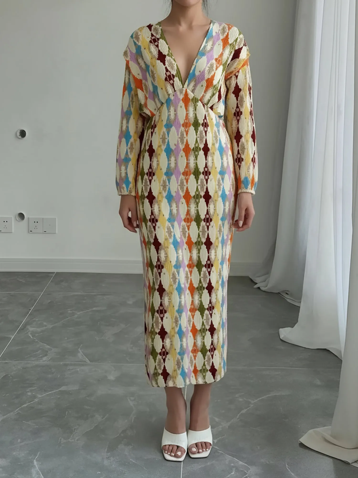 Printed Deep V Neck Lantern Sleeve Sheath Dress sold by Allegra K product image thumbnail 5