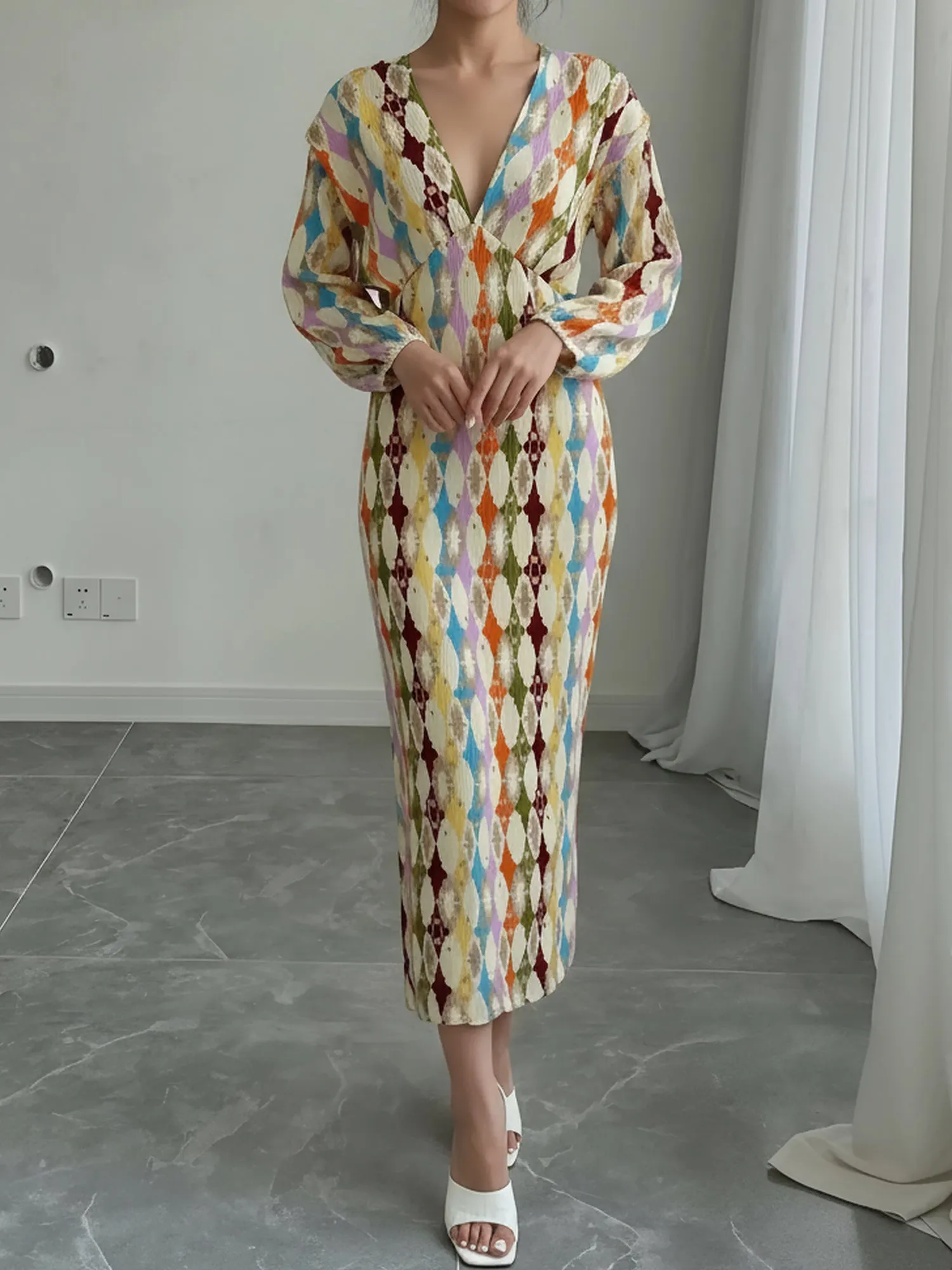 Printed Deep V Neck Lantern Sleeve Sheath Dress sold by Allegra K product image thumbnail 3