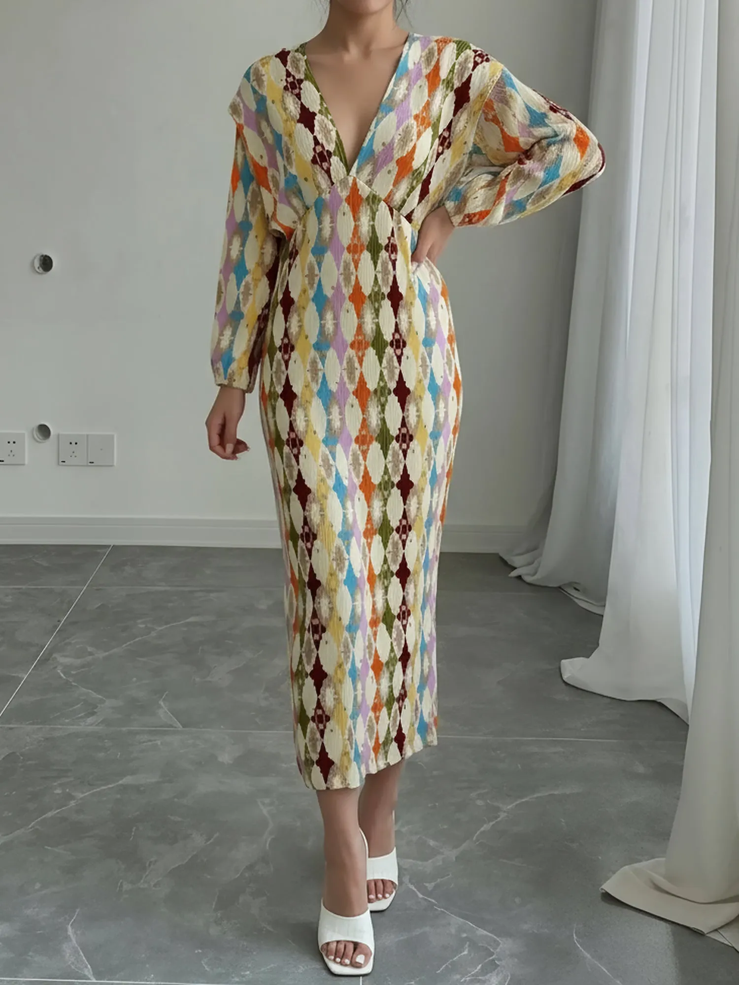 Printed Deep V Neck Lantern Sleeve Sheath Dress sold by Allegra K