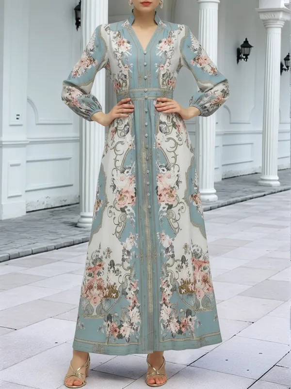 V Neck Floral Printed Puff Long Sleeves Maxi Dress sold by Allegra K