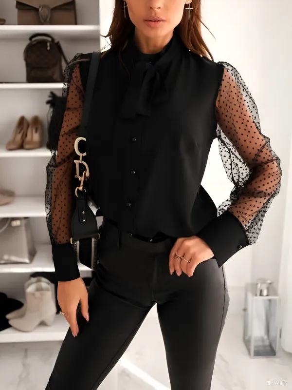 Sheer Polka Dots Mesh Long Sleeves Bow-Tie Blouse sold by Allegra K