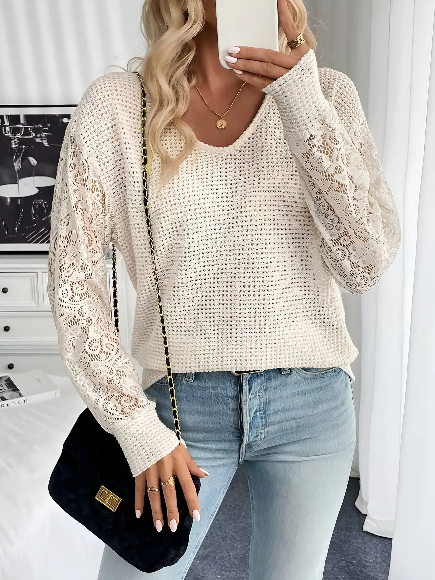 V Neck Lace Sheer Long Sleeves Blouse sold by Allegra K product image thumbnail 5