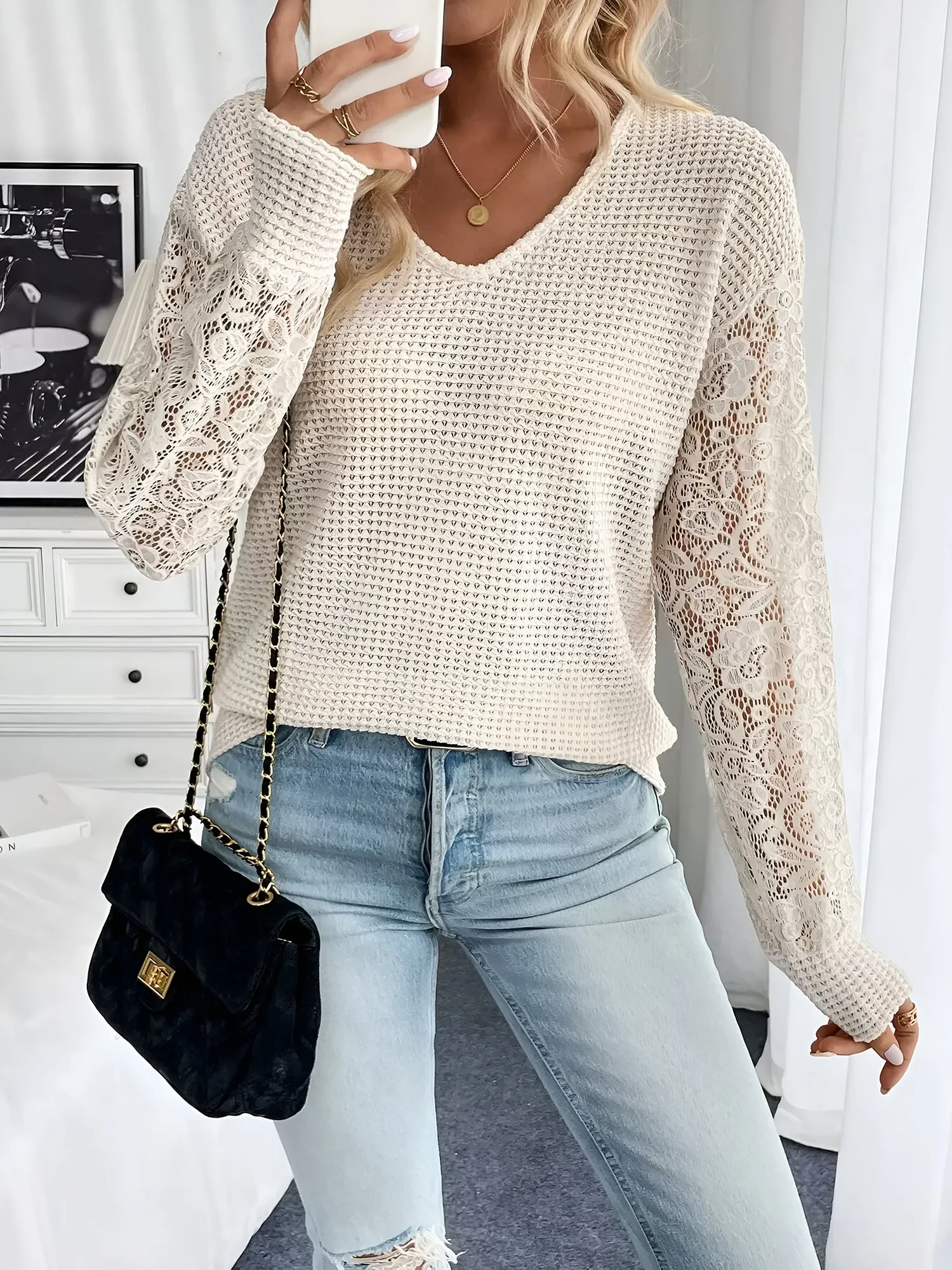 V Neck Lace Sheer Long Sleeves Blouse sold by Allegra K product image thumbnail 4