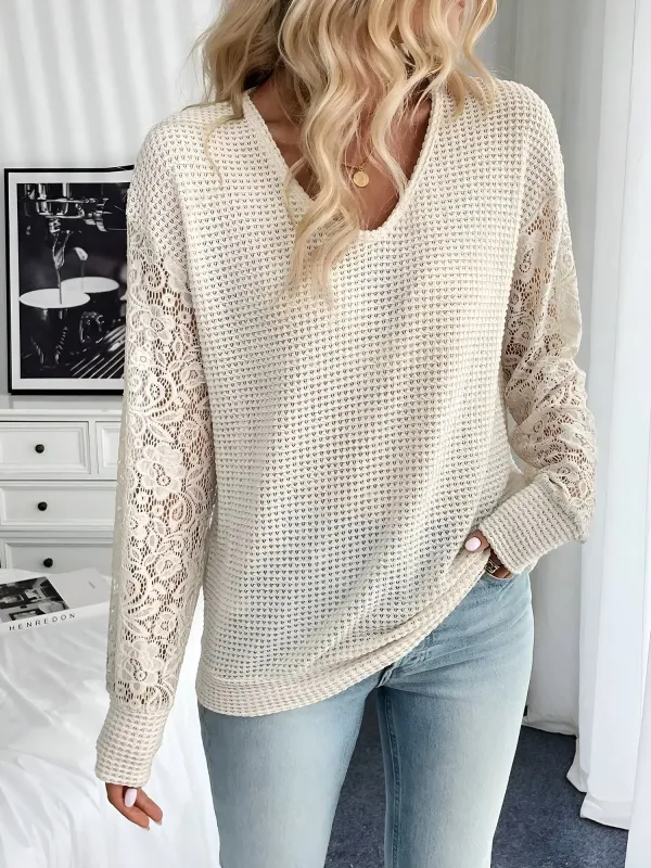 V Neck Lace Sheer Long Sleeves Blouse sold by Allegra K