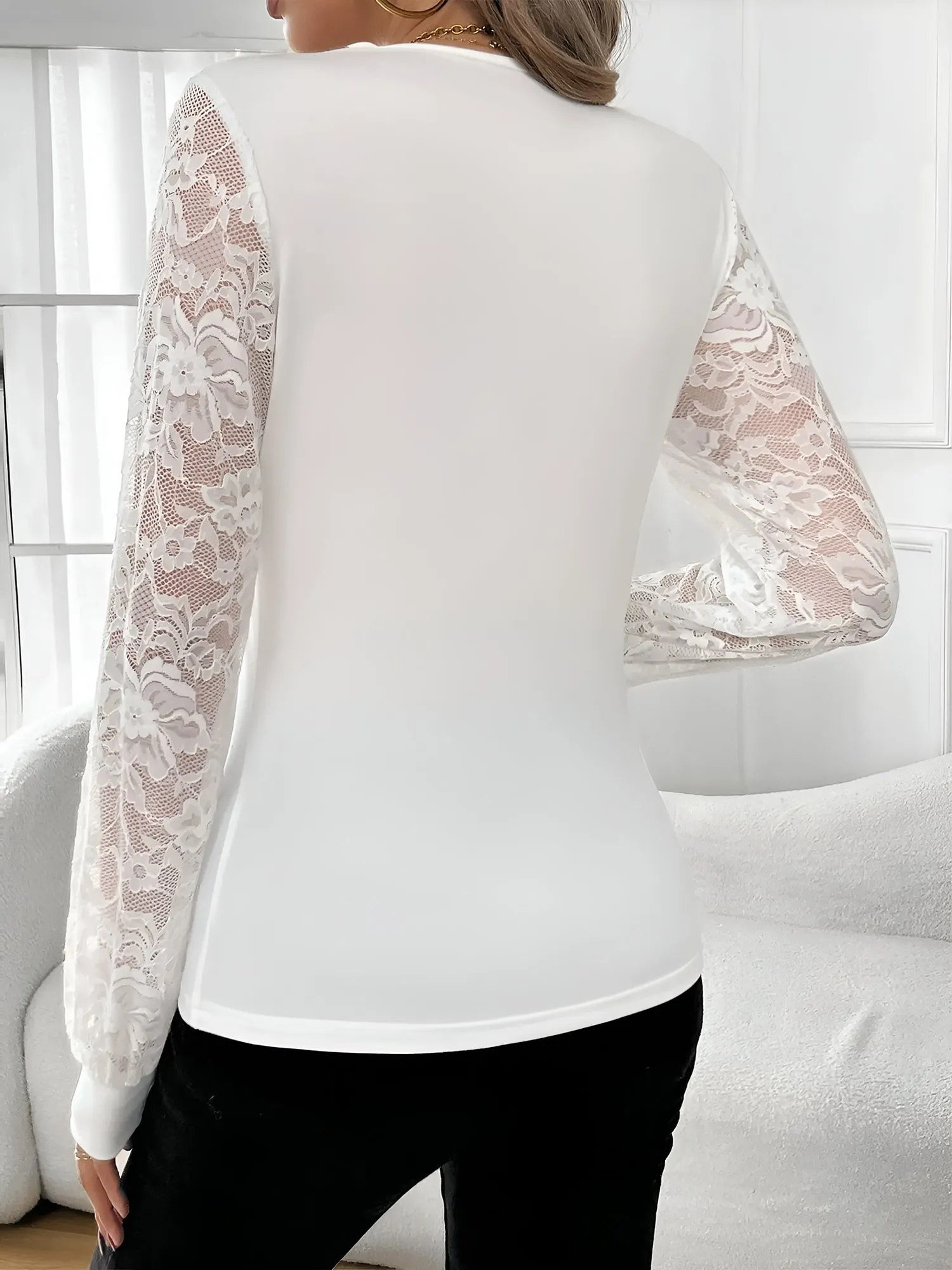 Rhinestone Decor Sheer Lace Patchwork Blouse sold by Allegra K product image thumbnail 2