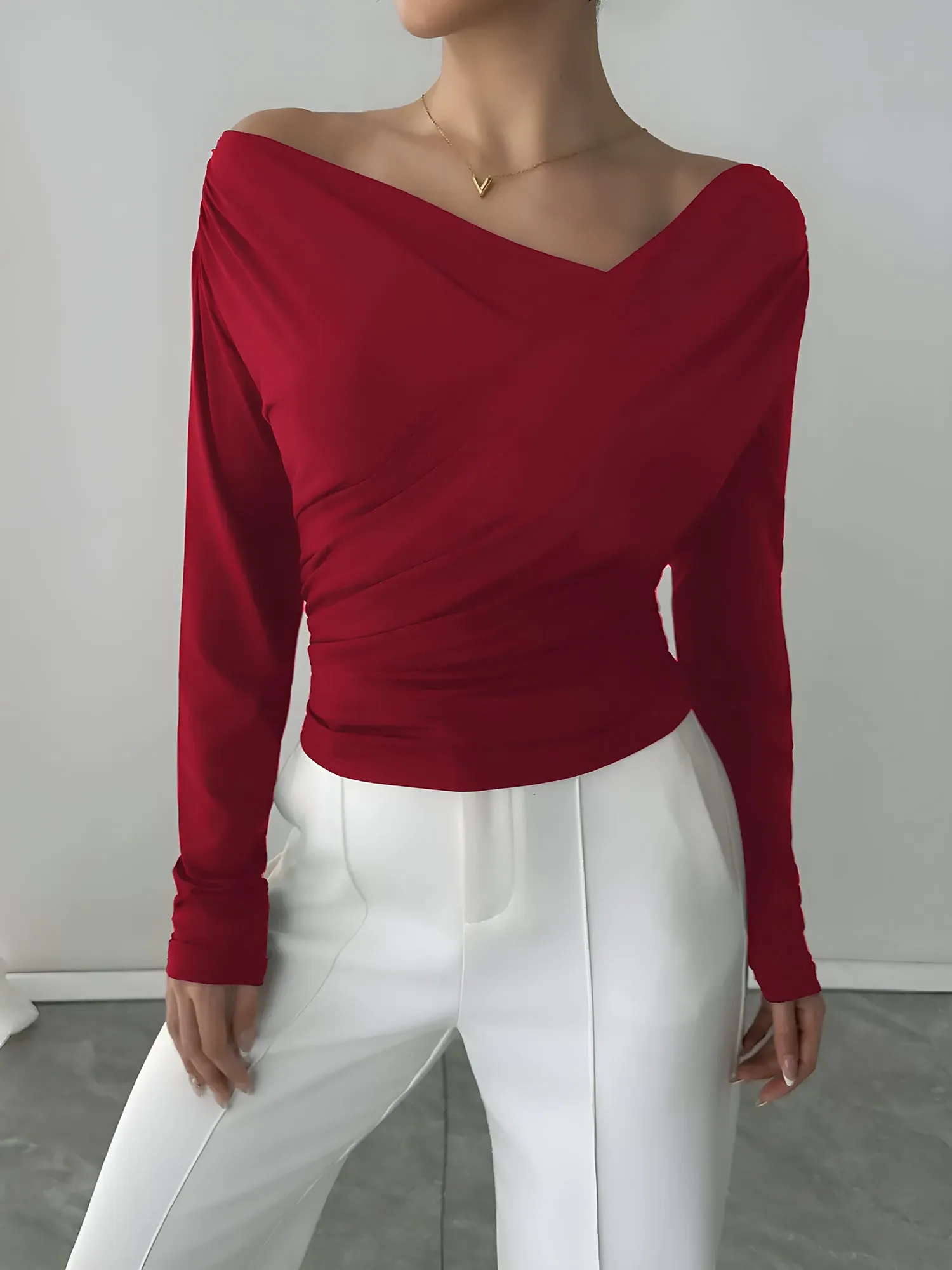 Solid Color Off Shoulder Long Sleeves Ruched Blouse sold by Allegra K product image thumbnail 4
