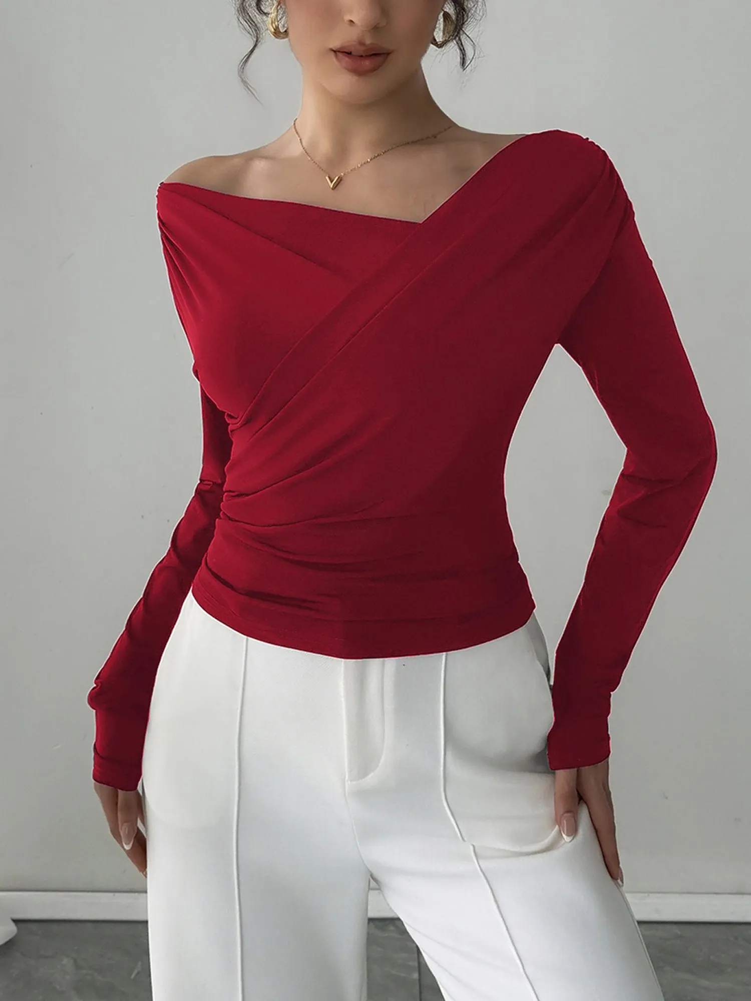 Solid Color Off Shoulder Long Sleeves Ruched Blouse sold by Allegra K