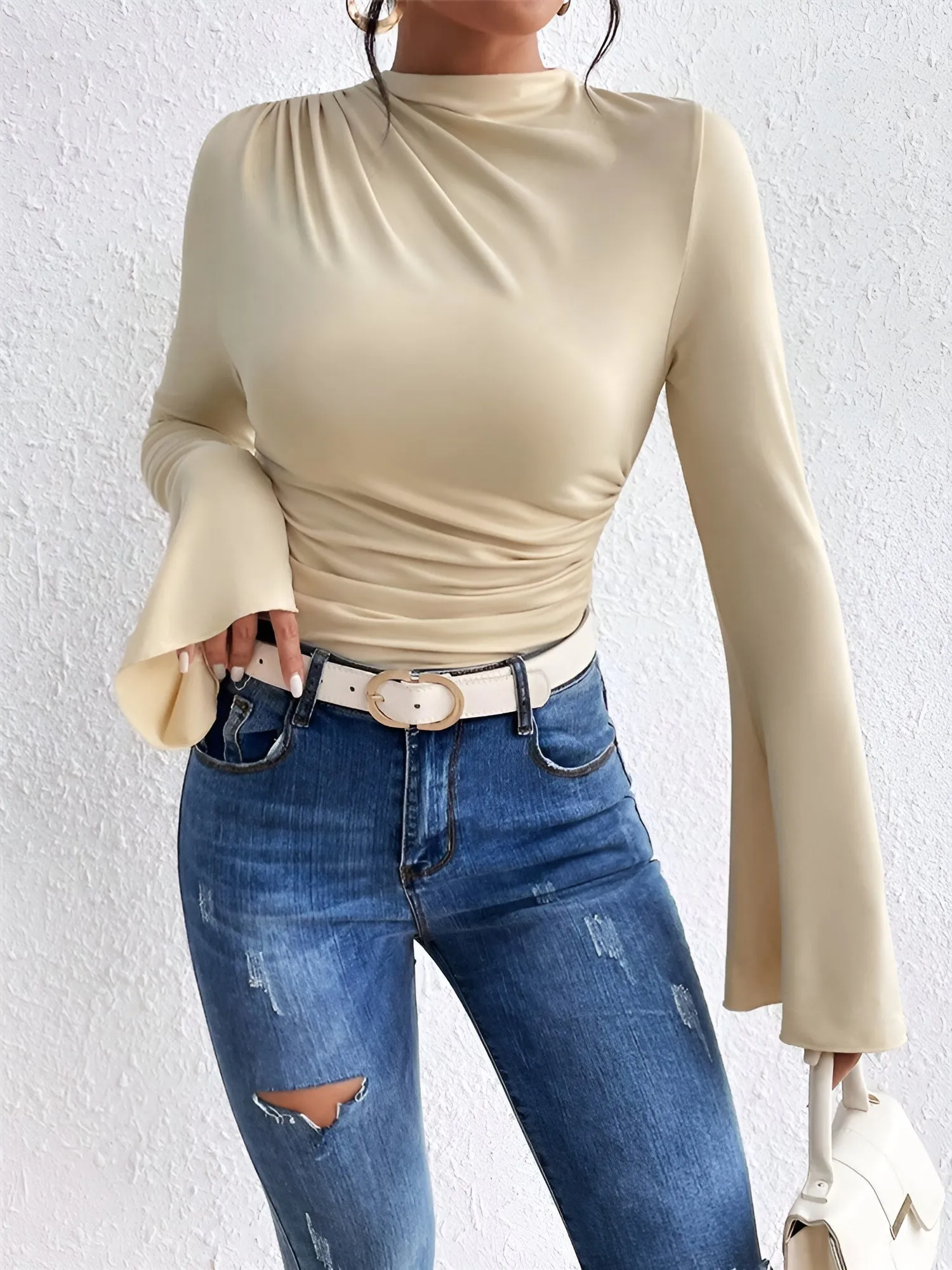 Solid Color Mock Neck Flared Sleeve Ruched Blouse sold by Allegra K product image thumbnail 3