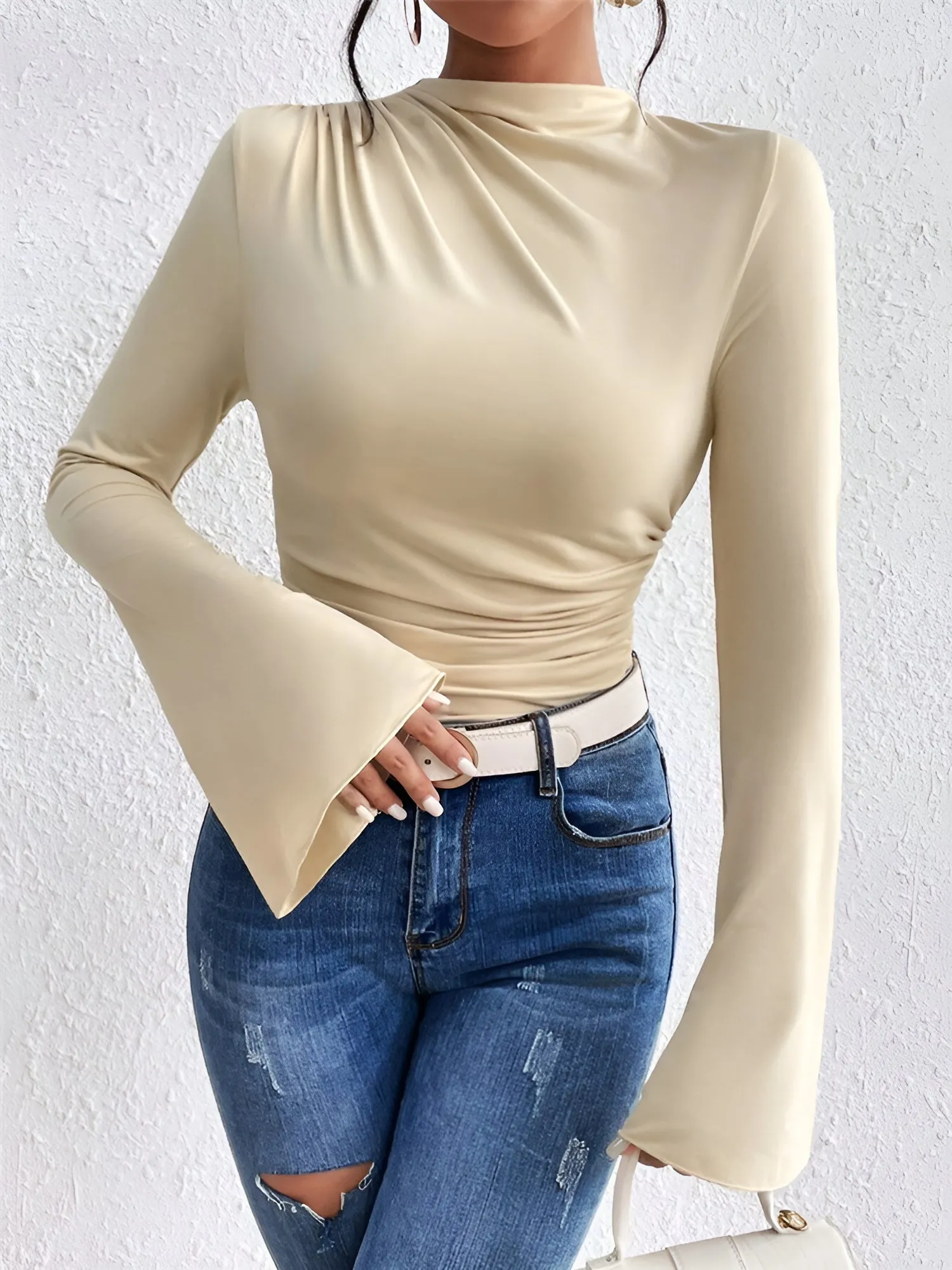 Solid Color Mock Neck Flared Sleeve Ruched Blouse sold by Allegra K product image thumbnail 4