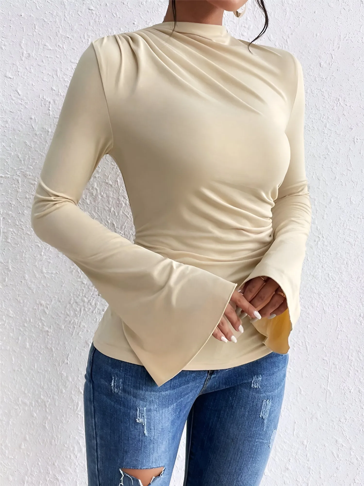 Solid Color Mock Neck Flared Sleeve Ruched Blouse sold by Allegra K