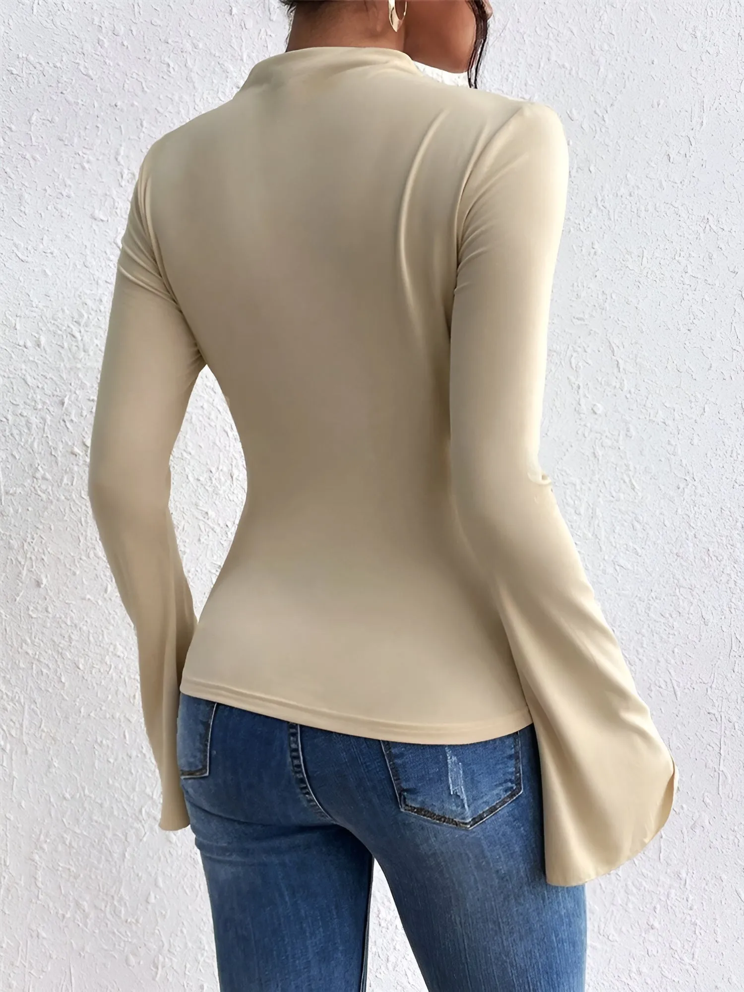 Solid Color Mock Neck Flared Sleeve Ruched Blouse sold by Allegra K product image thumbnail 2