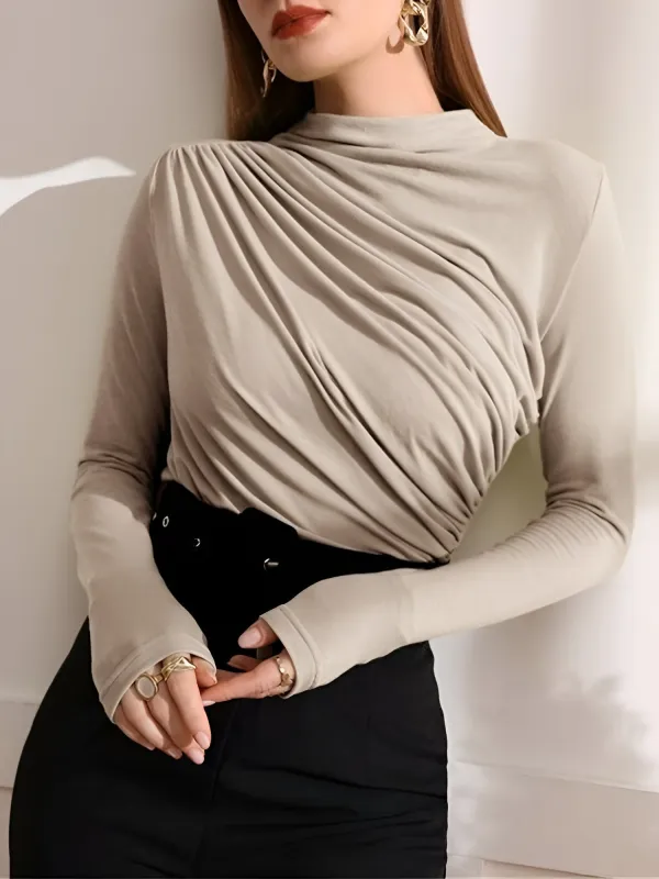 Ruched Mock Neck Long Sleeves Solid Color Blouse sold by Allegra K
