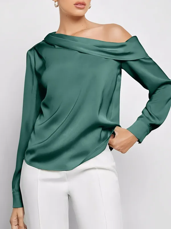 Satin Asymmetrical Neck One Shoulder Long Sleeve Blouse sold by Allegra K