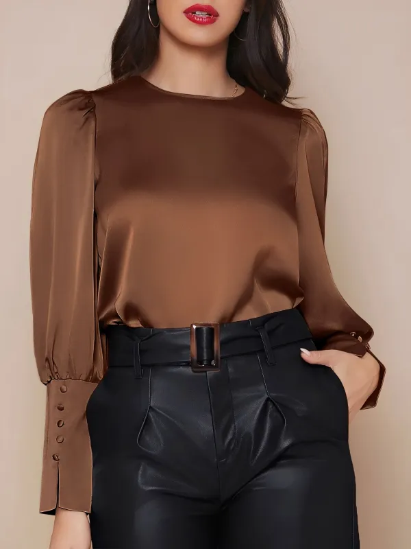 Satin Crew Neck Bishop Sleeves Work Blouse sold by Allegra K