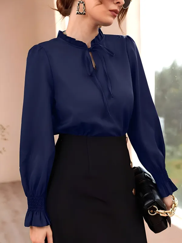 Solid Color Ruffled Neck Smocked Puff Sleeves Blouse sold by Allegra K