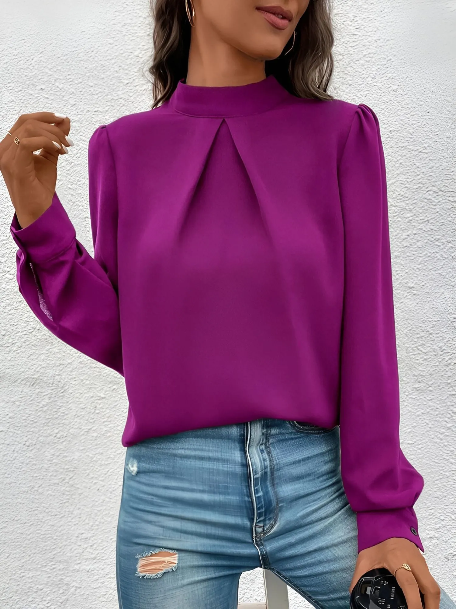 Satin Mock Neck Puff Sleeves Work Blouse sold by Allegra K product image thumbnail 3