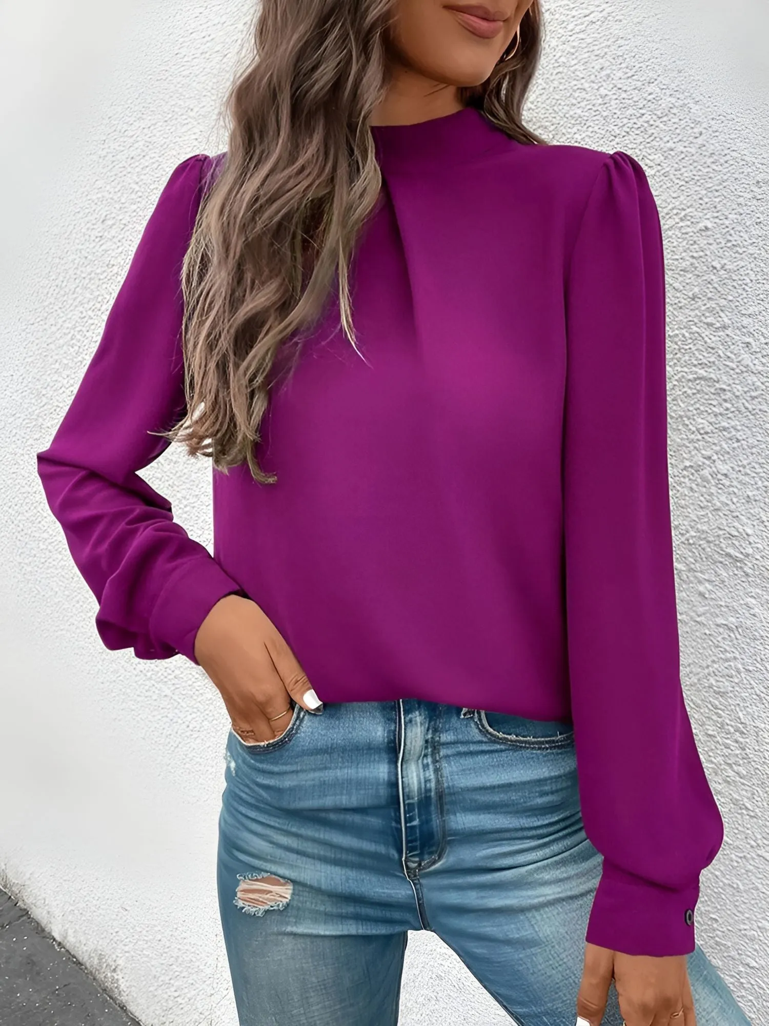 Satin Mock Neck Puff Sleeves Work Blouse sold by Allegra K