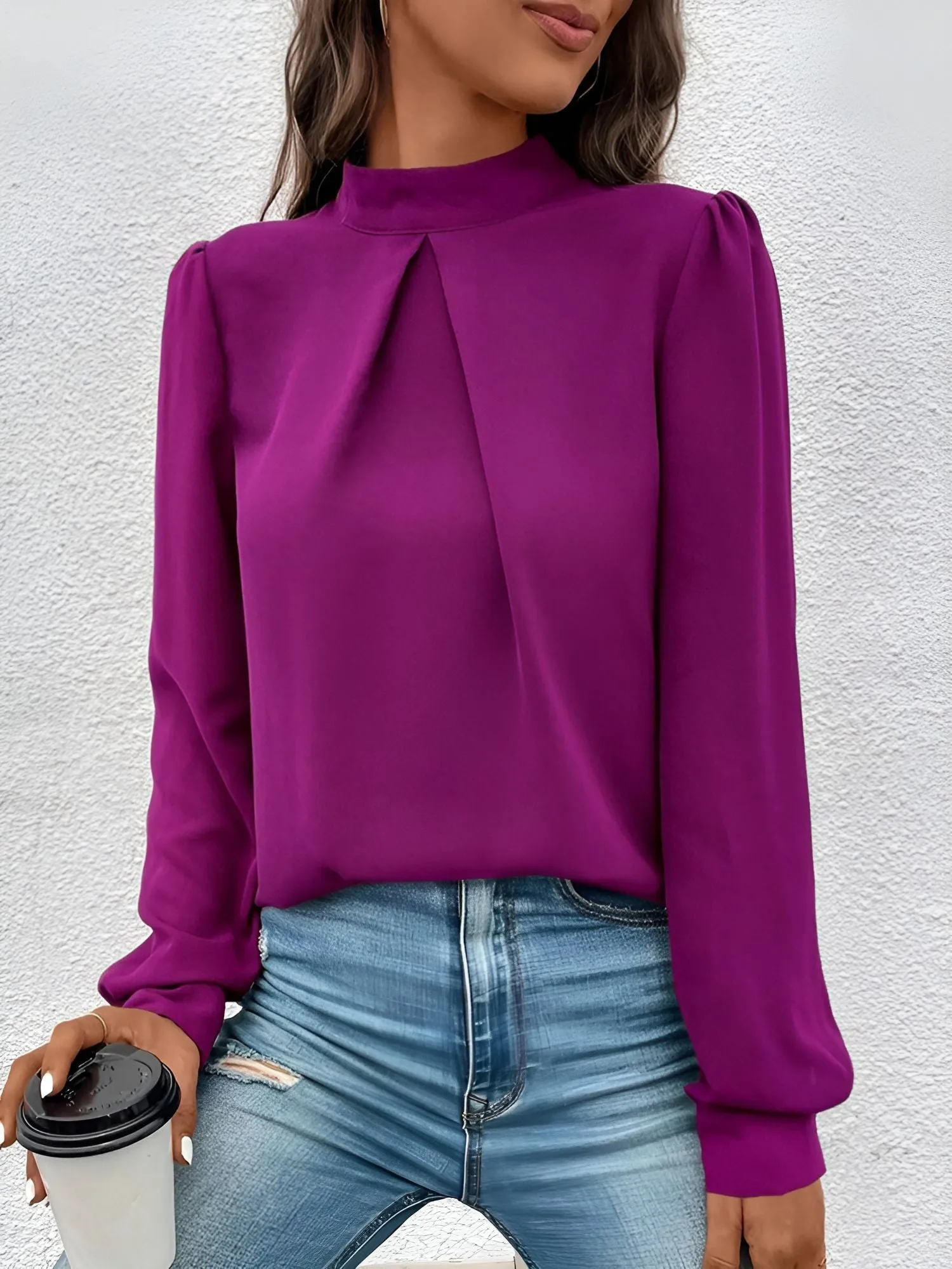 Satin Mock Neck Puff Sleeves Work Blouse sold by Allegra K product image thumbnail 4