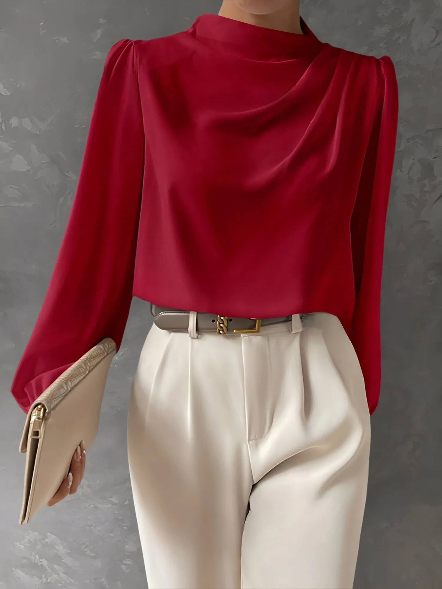 Satin Mock Neck Ruched Puff Sleeves Work Blouse sold by Allegra K product image thumbnail 4