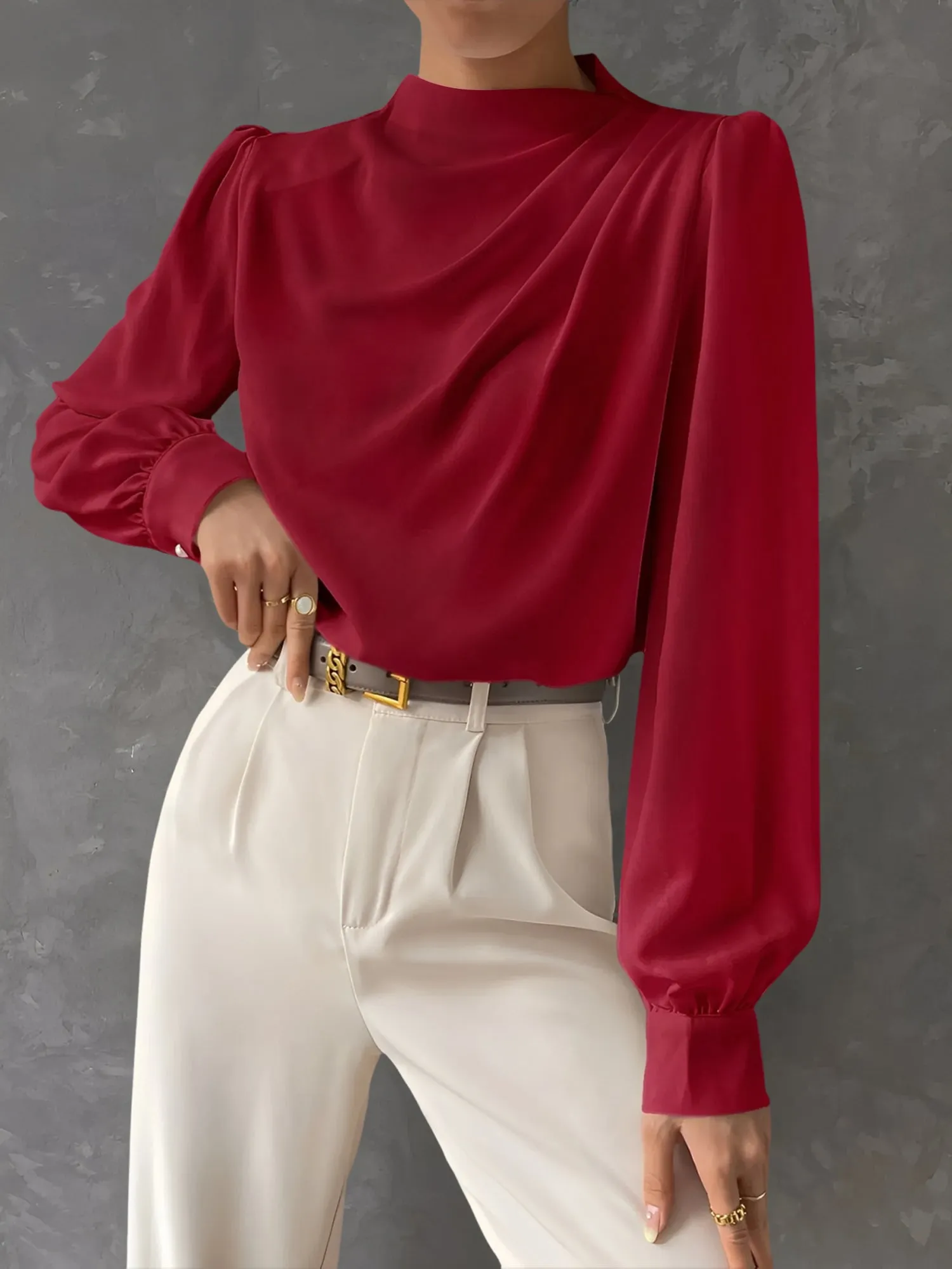 Satin Mock Neck Ruched Puff Sleeves Work Blouse sold by Allegra K