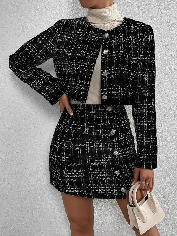 2 Pieces Plaid Tweeed Cropped Jacket & Mini Button Decor Skirt Set sold by Allegra K