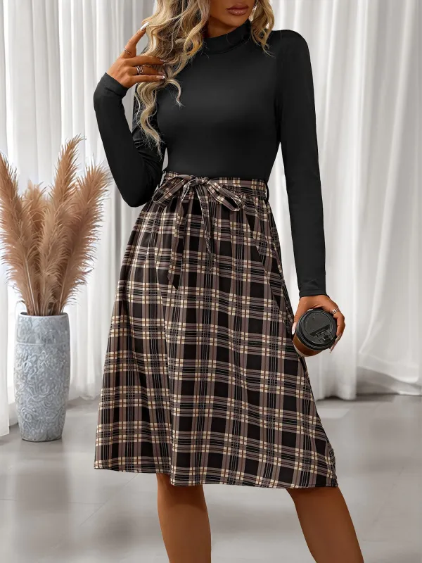 Mock Neck Long Sleeves Patchwork Plaid A-Line Dress sold by Allegra K
